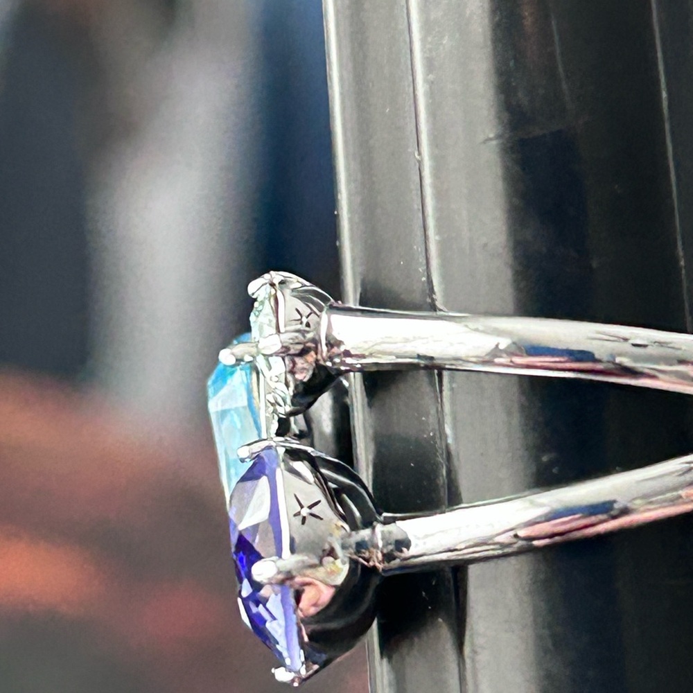 Elegant Blue and Purple crystals Ring stainless steel size shown. Size 7.5 - Picture 4 of 6